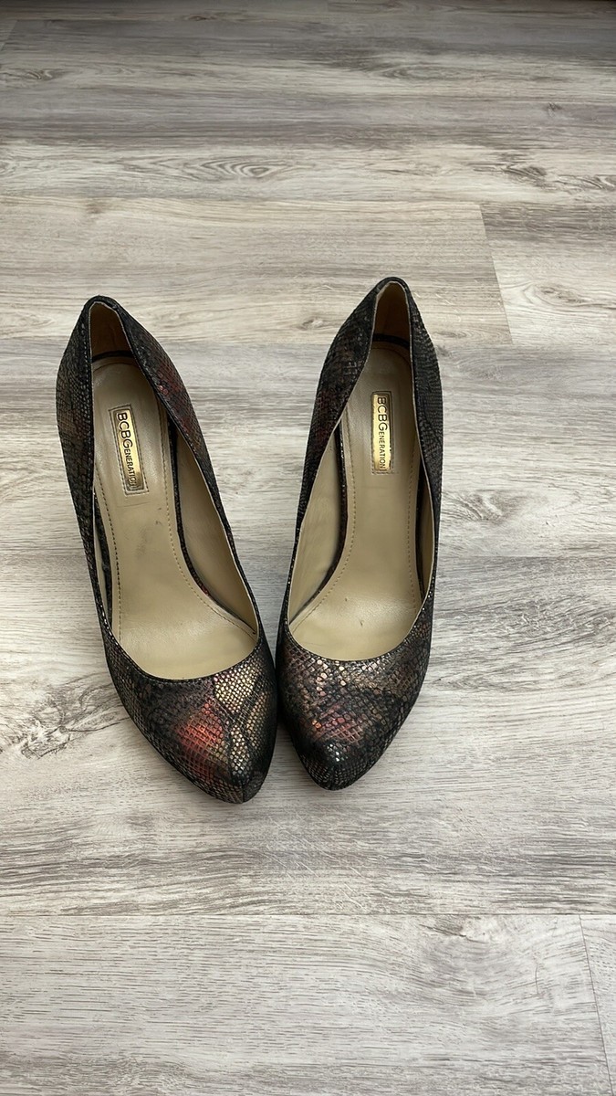 BCBGeneration Brown Gold Red Black Snakeskin Leather 5” Heels Size 10M/40