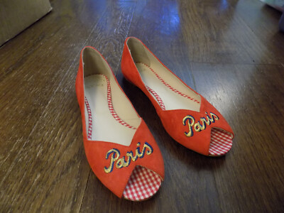Bocage Embroidered Paris Orange Suede Peep Toe Shoes Flats sz 7.5 Rare Pretty!