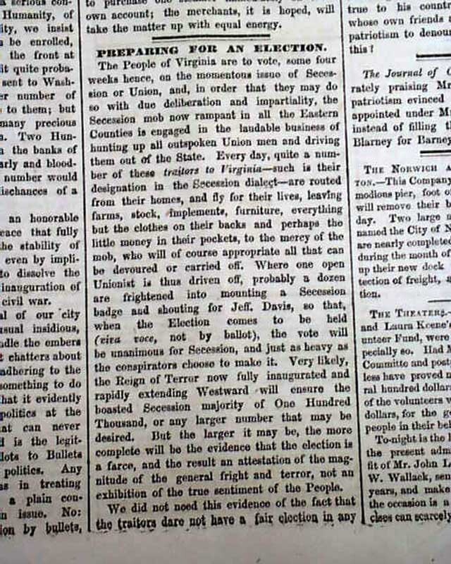 VIRGINIA SECESSION State Joins Confederacy Confederates 1861 Civil War Newspaper