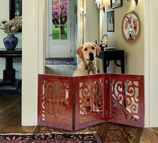 Freestanding Pet Gate Solid Wood Mahogany Scroll 3-Panel Tri-Fold Folding Dog