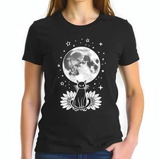 Black Cotton Short Sleeve T-Shirt with Serene Cat Sunflowers and Moon-All-cotton
