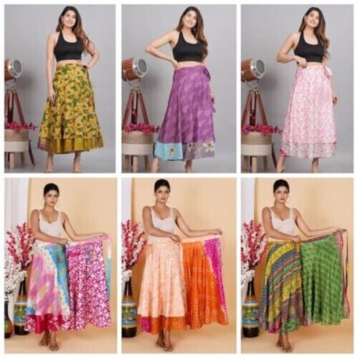 10 Wholesale Indian Vintage Silk Skirt Sari magic Wrap Around Fri Skirt