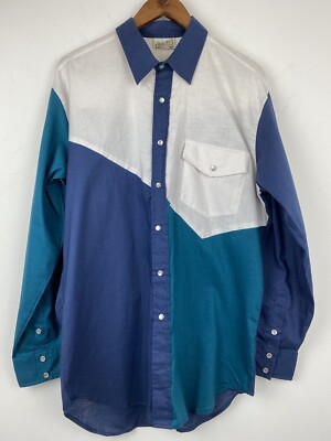 Vtg Express Rider Sz Large Men s Blue Green White Color Block Western Shirt NWT