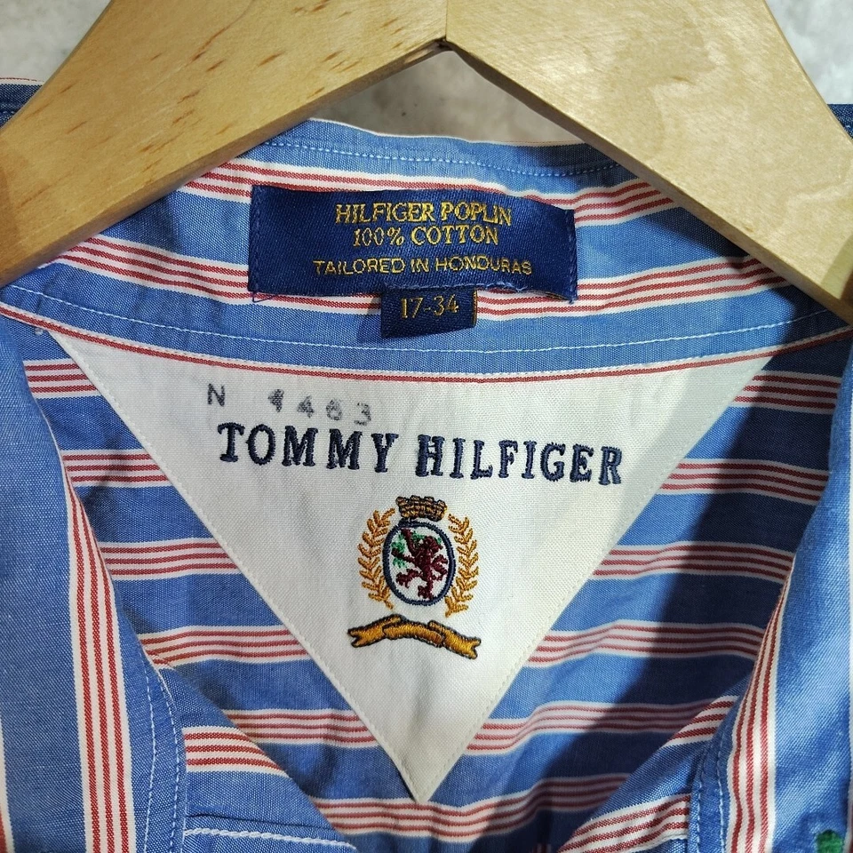 Camisa Tommy Hilfiger Popelina Abotonada Manga Larga Para Hombre 17-34 Azul Rojo Rayas Foto 4 de 4