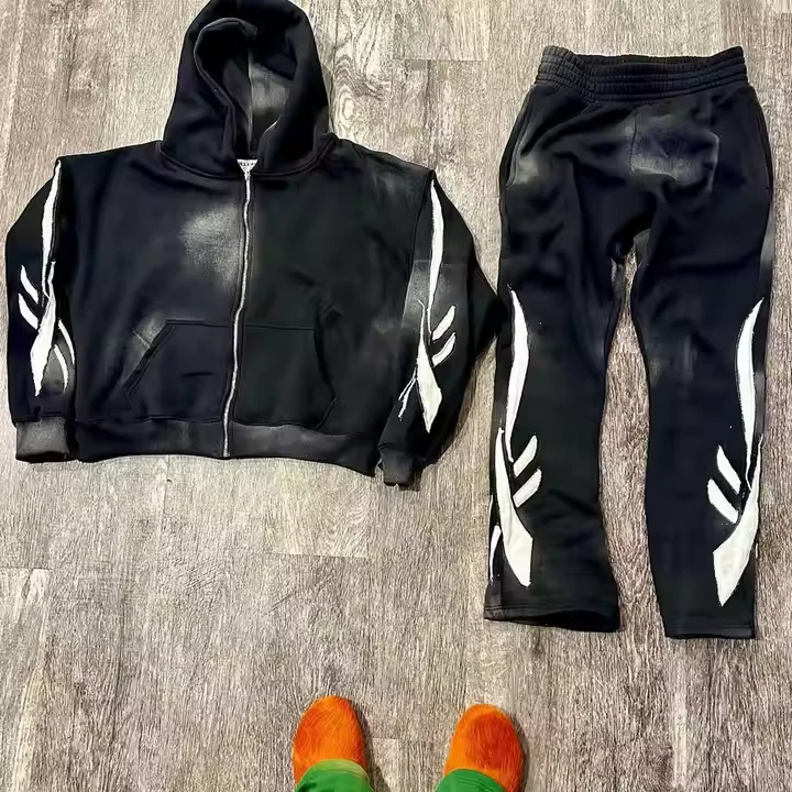 Mens 2pc Distressed Tracksuit Set Long Sleeve Jacket Pants Sweatsuit Activewear