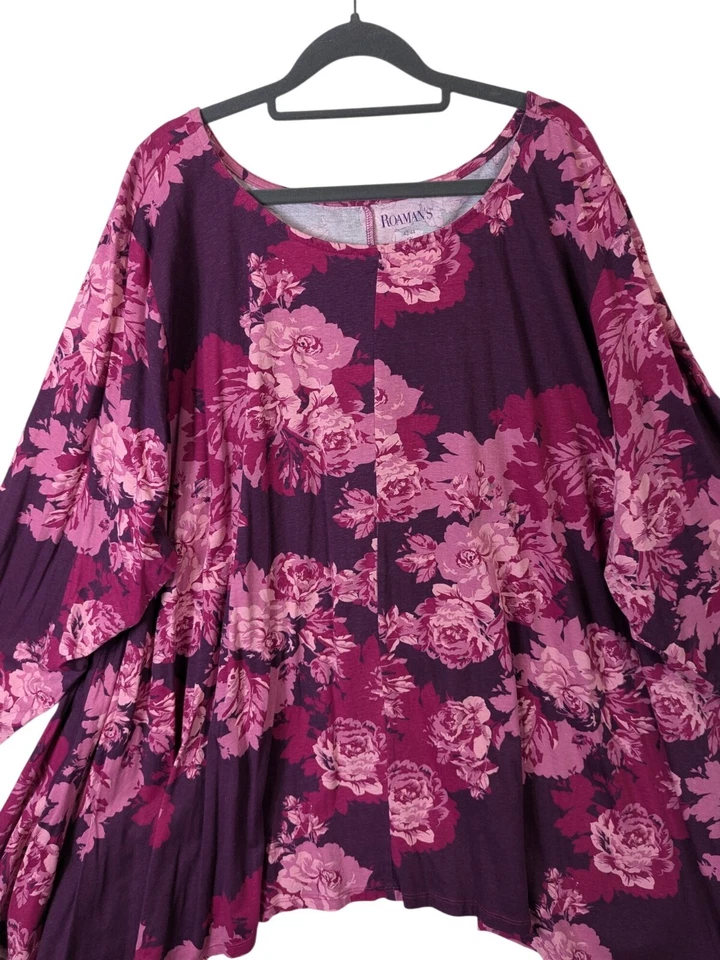 Roamans 女式大码 6X 波西米亚紫色花卉休闲棉衬衫上衣经典 — 第 2/4 张图片
