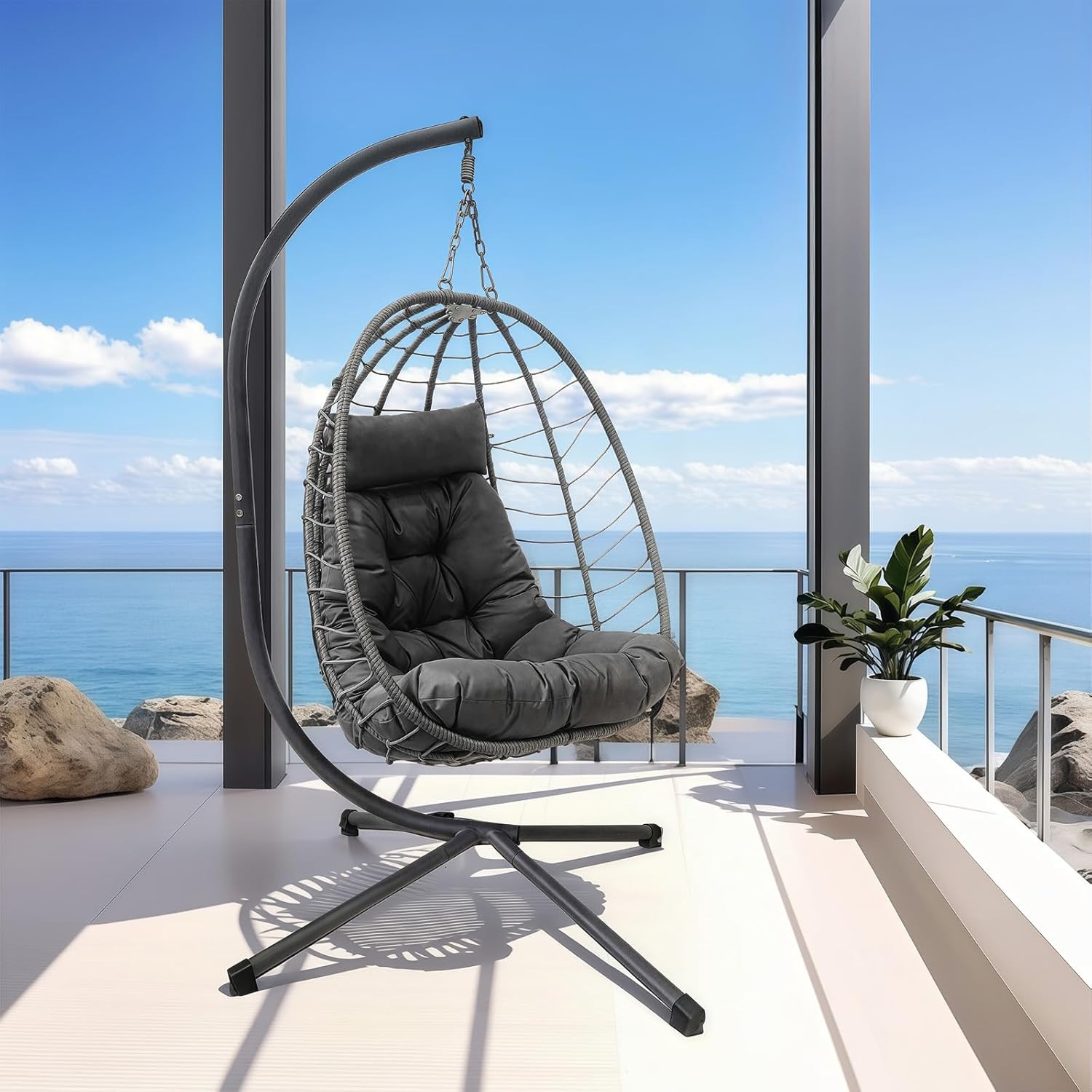 With Stand, Outdoor Wicker Patio Swing, Foldable Hammock Chair