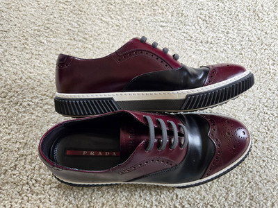 Pre-owned Prada Brogue Sneakers   Black/Burgundy Leather    Size 10 US