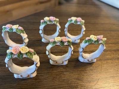 Dekor Dresden Rose Porcelain Ceramic Napkin Rings Set of 6 Floral