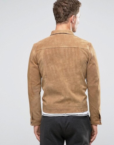 Men's Beige Real Suede Leather Trucker Jacket Western Style Zipped Coat - Picture 2 of 4