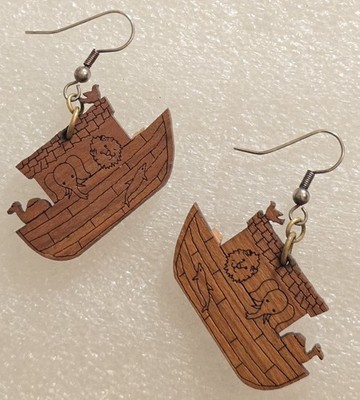 Vintage Artisan Made Carved Wood Figural Noah's Ark Drop Dangle Pierced Earrings