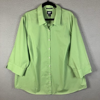 Lands End Plus 24W Wrinkle Free Broadcloth Green Shirt Long Sleeve Button Up