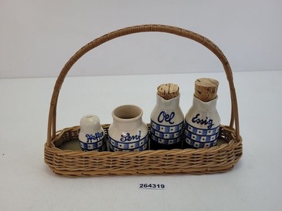 Gewürzset Weidekorb mit Senf Öl Essig Pfeffer Keramik Muster Vintage #264319