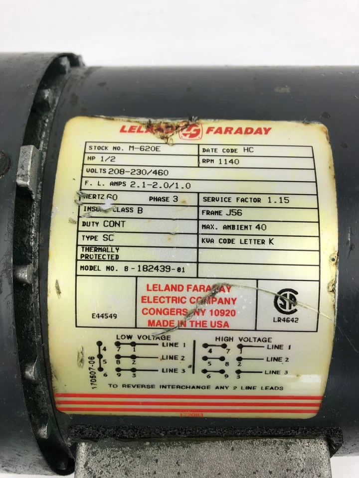 Leland Faraday M-620E Motor 1/2HP 1140 RPM 3PH J56 Frame SC Type - Image 2 of 4