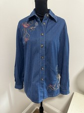 Vintage Koret Denim Floral Embroidered Cottagecore Button Up Shirt Womens Size M