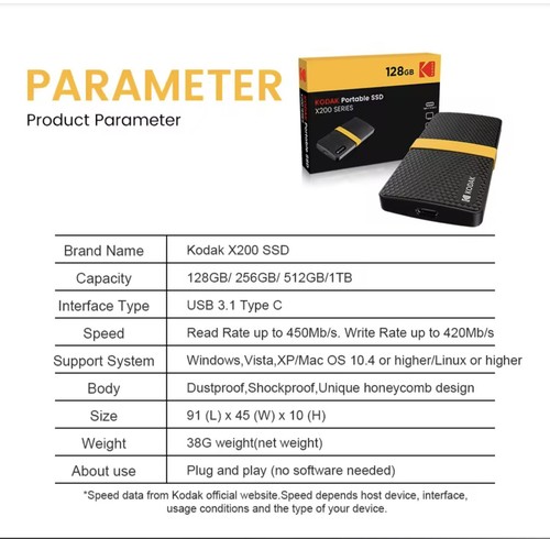 KODAK X200 External Ssd Hard Drive HD 256GB USB3.1 Mini Protable Ultra Fast Ssd - 第 6/6 張圖片