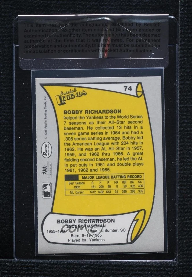 BAS 1988 Pacific Baseball Legends Bobby Richardson #74 Seal of Authenticity Auto - Image 2 of 2