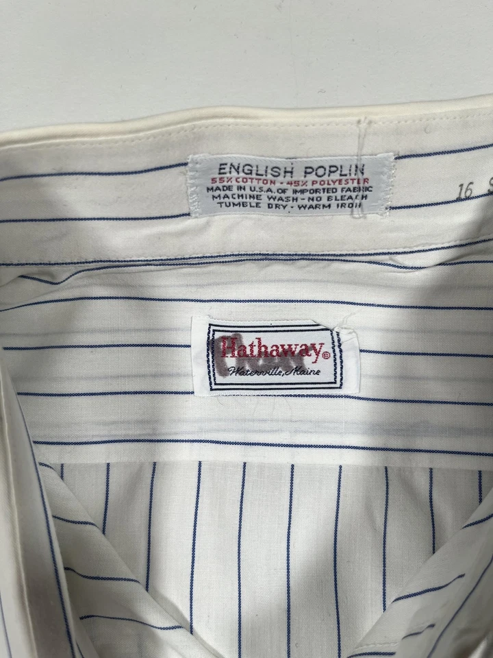 Hathaway Shirt Mens 16 White Blue Stripe Short Sleeve English Poplin Made USA - Image 3 of 4
