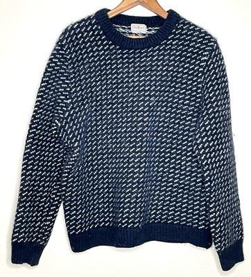 LLBean Norwegian Mens M/L Blue Birdseye Knit Crewneck Sweater Wool Rayon VTG Y2K