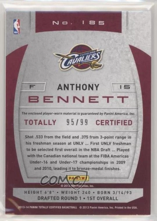 2013-14 Totally Certified Memorabilia Blue /99 Anthony Bennett #185 Rookie RC - Image 2 of 2