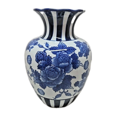 Vintage Fine Porcelain Floral Pattern & Striped Cobalt Blue & White Vase 9 x 6 