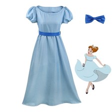 Peter Pan Wendy Darling Cosplay Halloween Costume Skyblue Dress Suit Kid &Adult