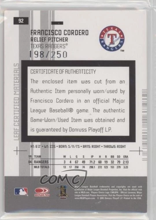 2005 Leaf Certified Materials Mirror Red Jerseys /250 Francisco Cordero #92 - Image 2 of 2