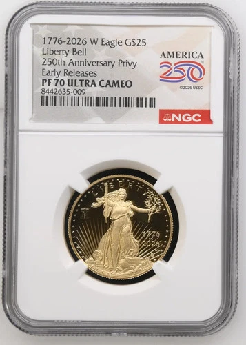 1776-2026 W 1/2 OZ Proof Gold Eagle NGC PROOF 70 Early Release w/ Liberty Bell