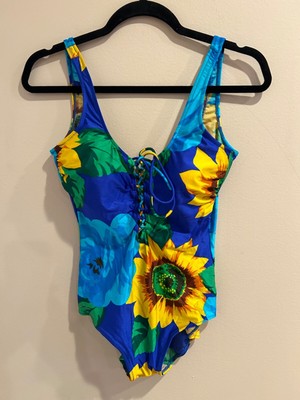 Vintage Gottex Blue Sunflower Swimsuit Sz 12 UK