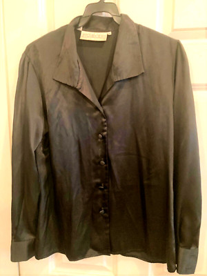 JH COLLECTABLES Classic Satin Blouse Black Long Sleeve Shirt Polyester Top Sz 10