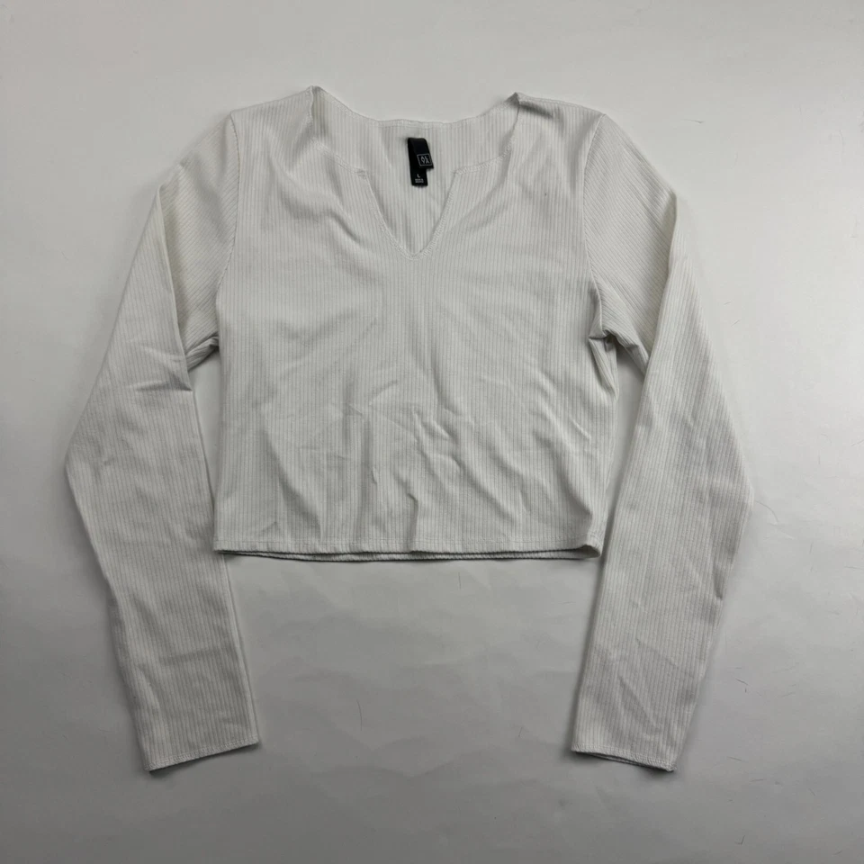 ALYA Blanco Recortado Manga Larga Top Acanalado Cuello Dividido Camiseta Top Blusa Talla L Foto 2 de 4