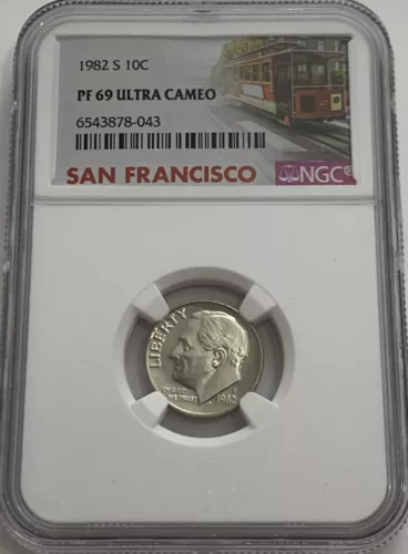 1982 S NGC PF69 ULTRA CAMEO CLAD PROOF ROOSEVELT DIME 10C TROLLY LABEL