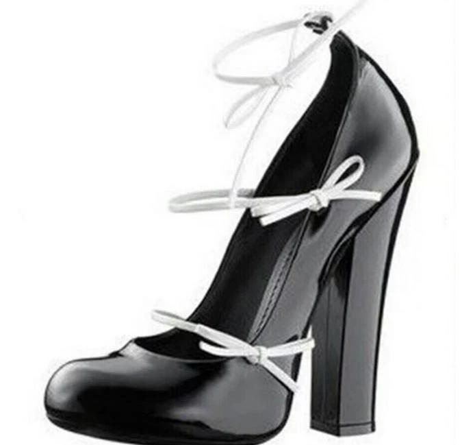 Women's Bandage 12CM Chunky Heel Shoes Round Bowknot Toe Lace Up Splicing Chic - Image 4 of 4