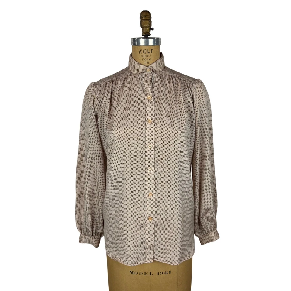 Camisa vintage años 80 a lunares para mujer mediana beige negra con botones Foto 2 de 4