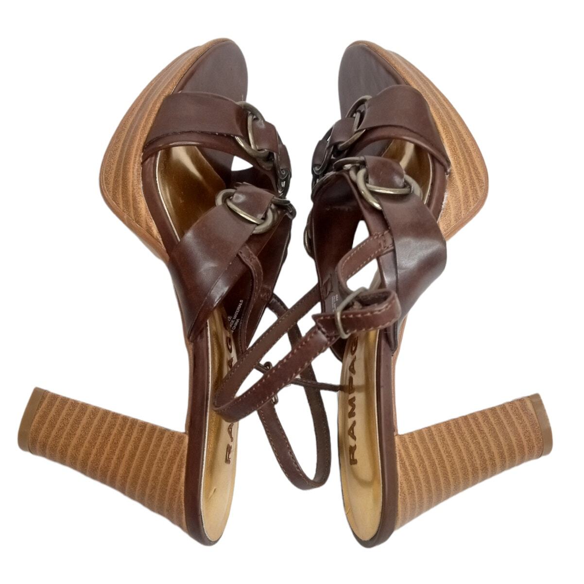 Y2K 2000s VINTAGE Sandals Size 8 Chunky Wooden Heels Brown Bronze NOS Deadstock