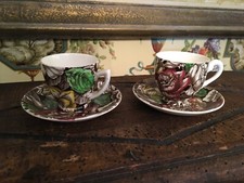 Two English Staffordshire Transferware Demi Cups  Saucers