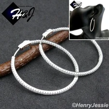 WOMEN SOLID 925 STERLING SILVER ICY BLING CZ HOOP 40MM ROUND EARRING*E254