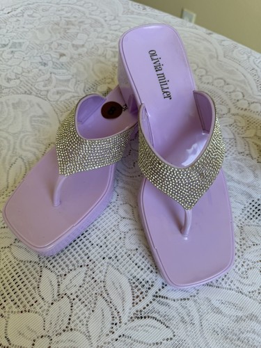 Olivia Miller Lilac Womens Suzzie Rhinestone Slip On Thong Sandals Shoes BHFO - Picture 2 of 5