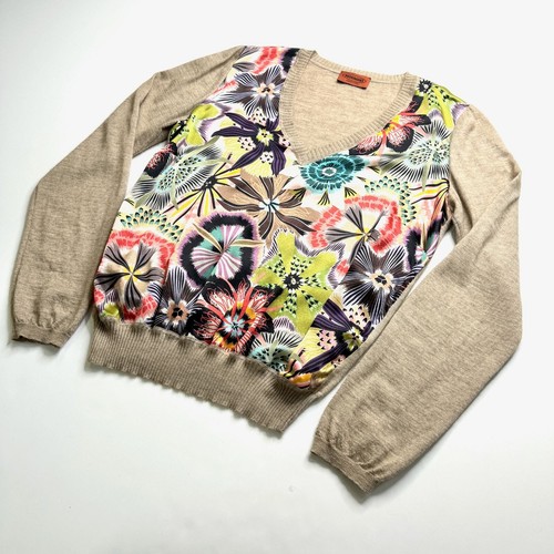 Auth MISSONI Italy Cashmere Sweater with Floral Silk Twill Front sz 44 M/L - Picture 2 of 13