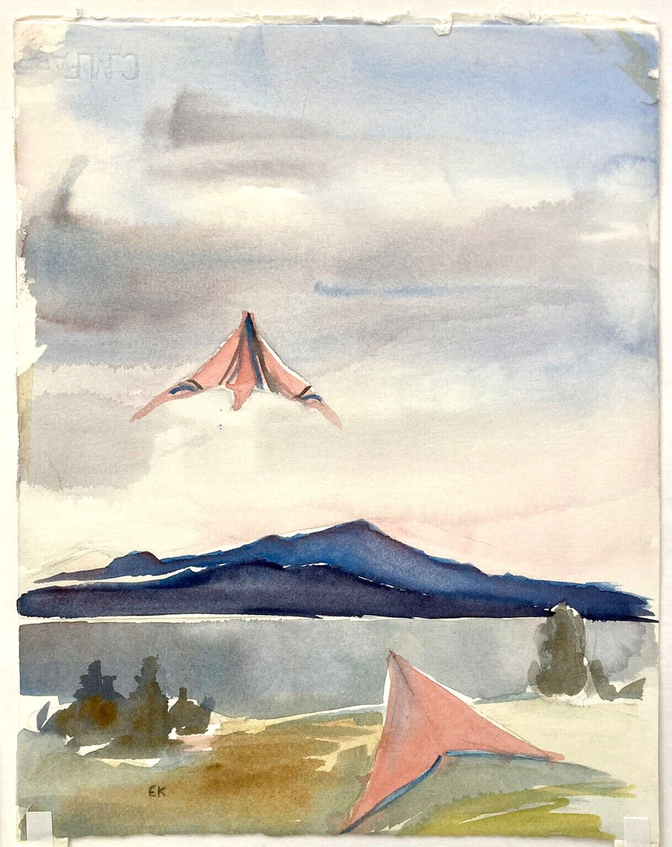 1989 Hang Glide Kite Surf Sci-Fi Watercolor Art Landscape 80s Bold