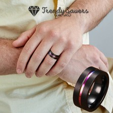 Stainless Steel Rainbow Thin Middle Line Wedding Band Black Engagement Rings Men