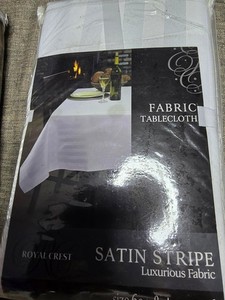 Royal Crest White Fabric Tablecloth Satin Stripe 60x84 Luxurious Seats 4-6 NEW