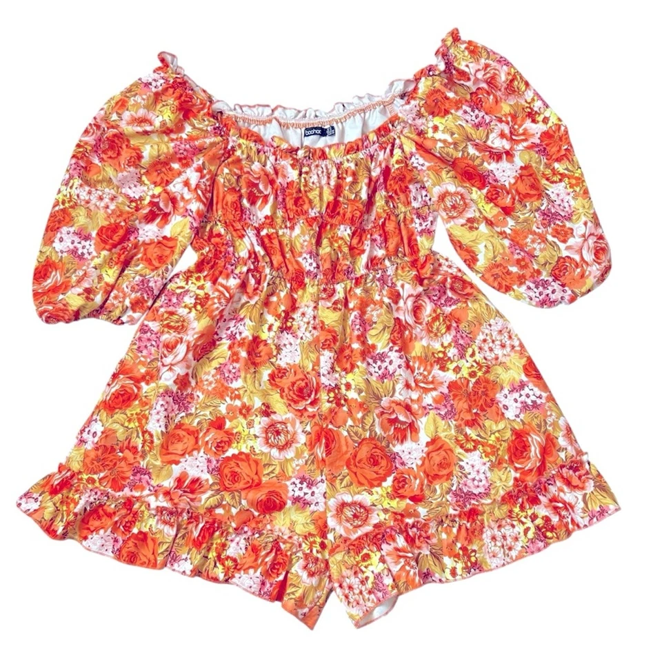 Boohoo Mameluco Mujer Talla 10 Naranja Amarillo Volantes Romántico Acanalado Floral Caprichoso Foto 2 de 4