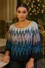 Alfani Blue Grey Studded Round Neckline Flare Sleeve Blouson Elastic Hem Blouse