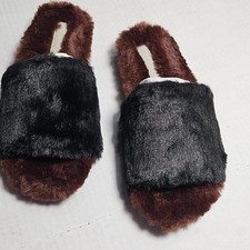 Lori Goldstein Li-Dillian Black Brown Faux Fur Slide Slippers Womens 5M 35 NEW
