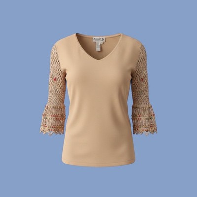 Joseph A Open-Knit Crochet Beaded 3/4 Bell Sleeves Beige V-Neck Knit Top   - M