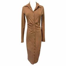 Fashion Nova Annabelle Midi Shirt Dress Brown Collared Stretch S