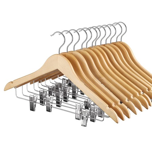 12 Pack High-Grade Wooden Suit Hangers Skirt Hangers with Clips Solid Wood Pa...