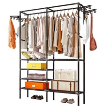 Heavy Duty Clothes Rack With Double Hanging Clothing Rail, Shoe Rack, Coat Hooks