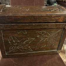 European Hand carved wooden chest with Brass Accents 12x9x9 Leaves Sewing Bible?